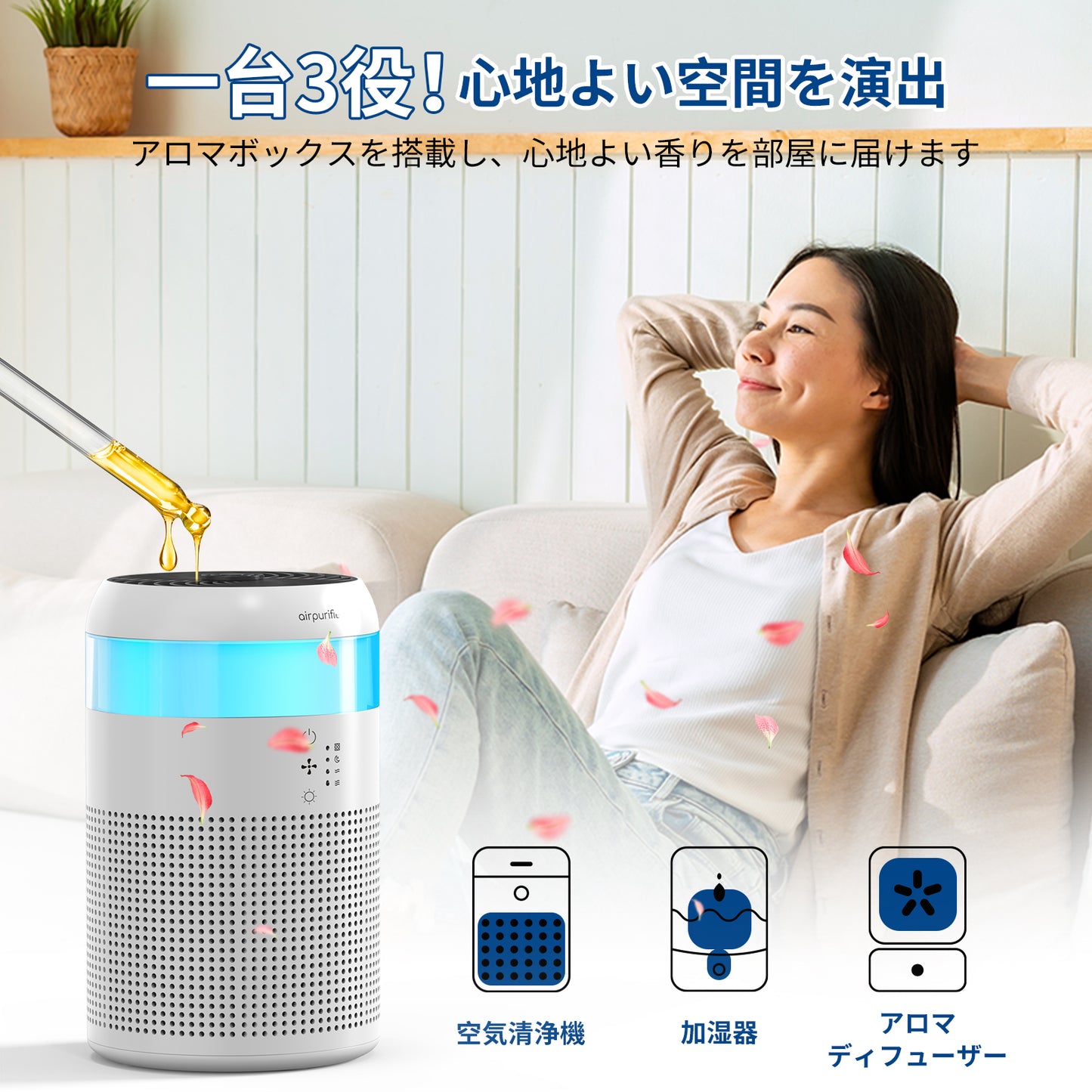 加湿器付き 空気清浄機 小型【強力浄化&アロマ対応&七色ライト付き】 13畳